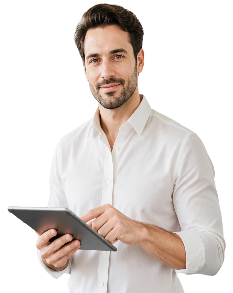 Vendedor sorrindo com um tablet, usando a plataforma Mercanet