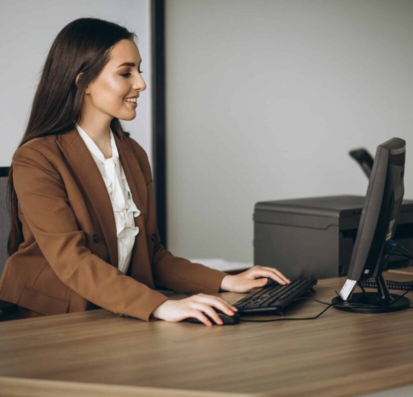 Profissional utilizando computador com CRM e SFA para apoiar a gestão de vendas