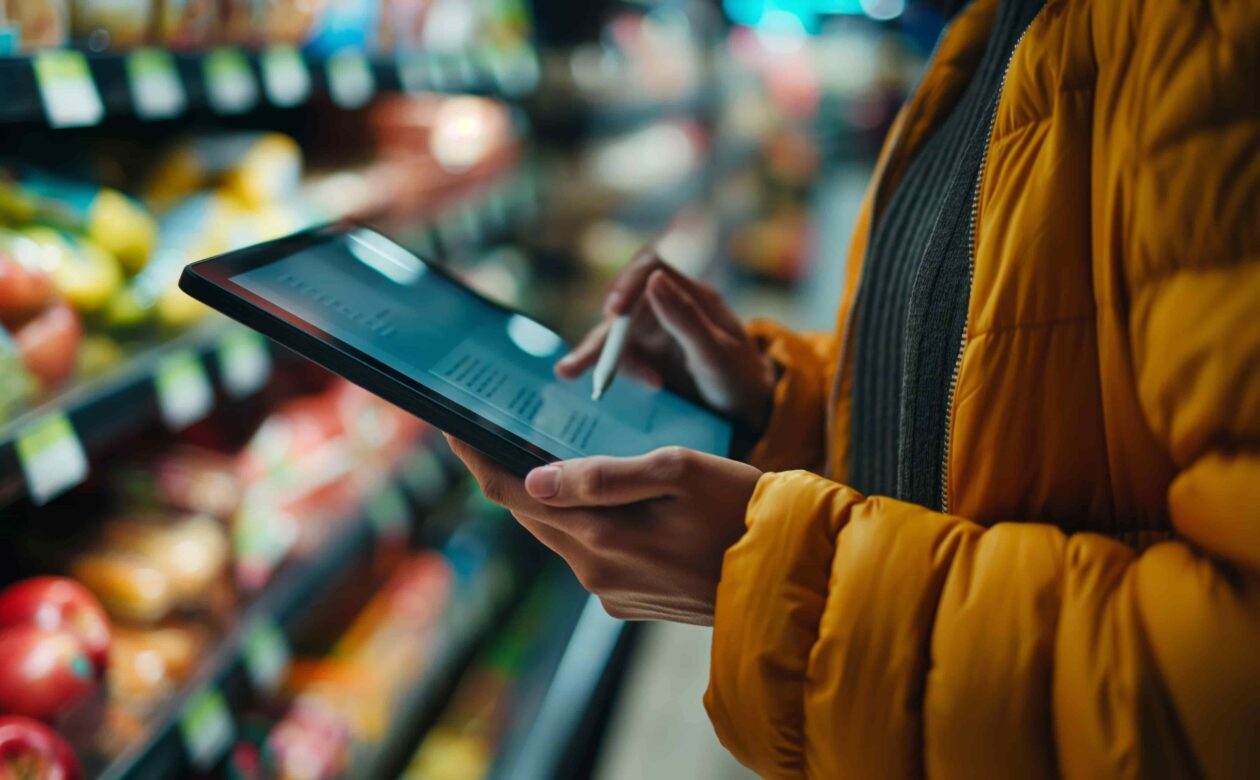 Profissional usa tablet no ponto de venda para acompanhar ações de trade marketing