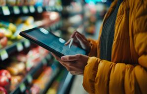 Profissional usa tablet no ponto de venda para acompanhar ações de trade marketing