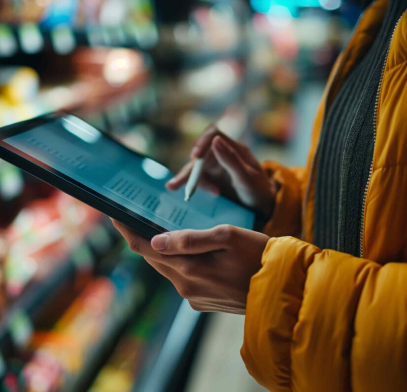 Profissional usa tablet no ponto de venda para acompanhar ações de trade marketing